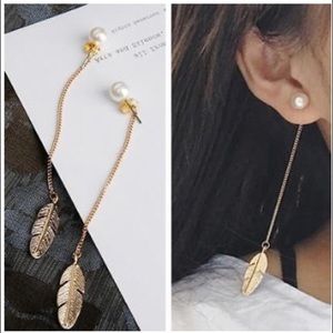 Pearl Feather Leaf Dangle Drop Earrings